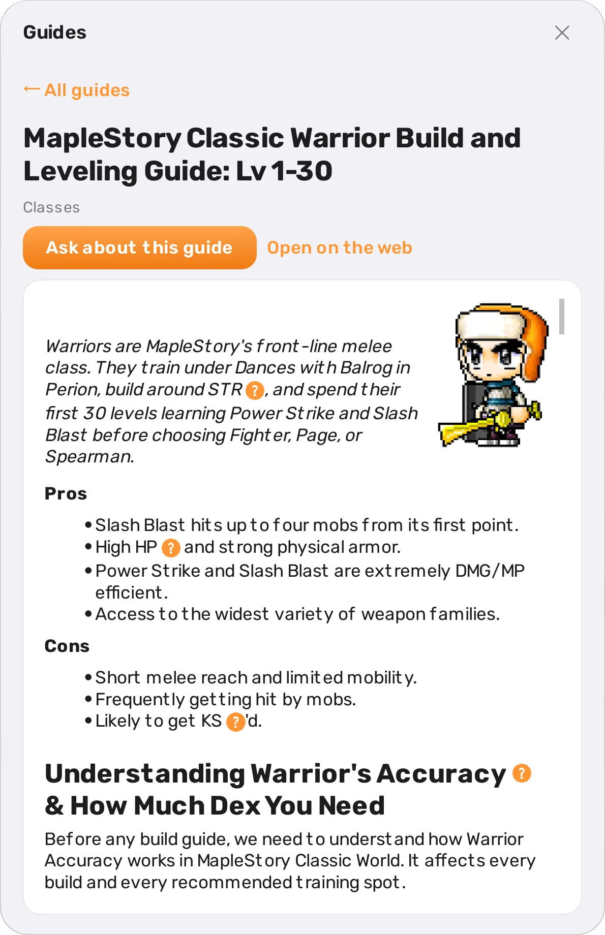 The Warrior guide inside the app: the class art, pros and cons, and a formula box