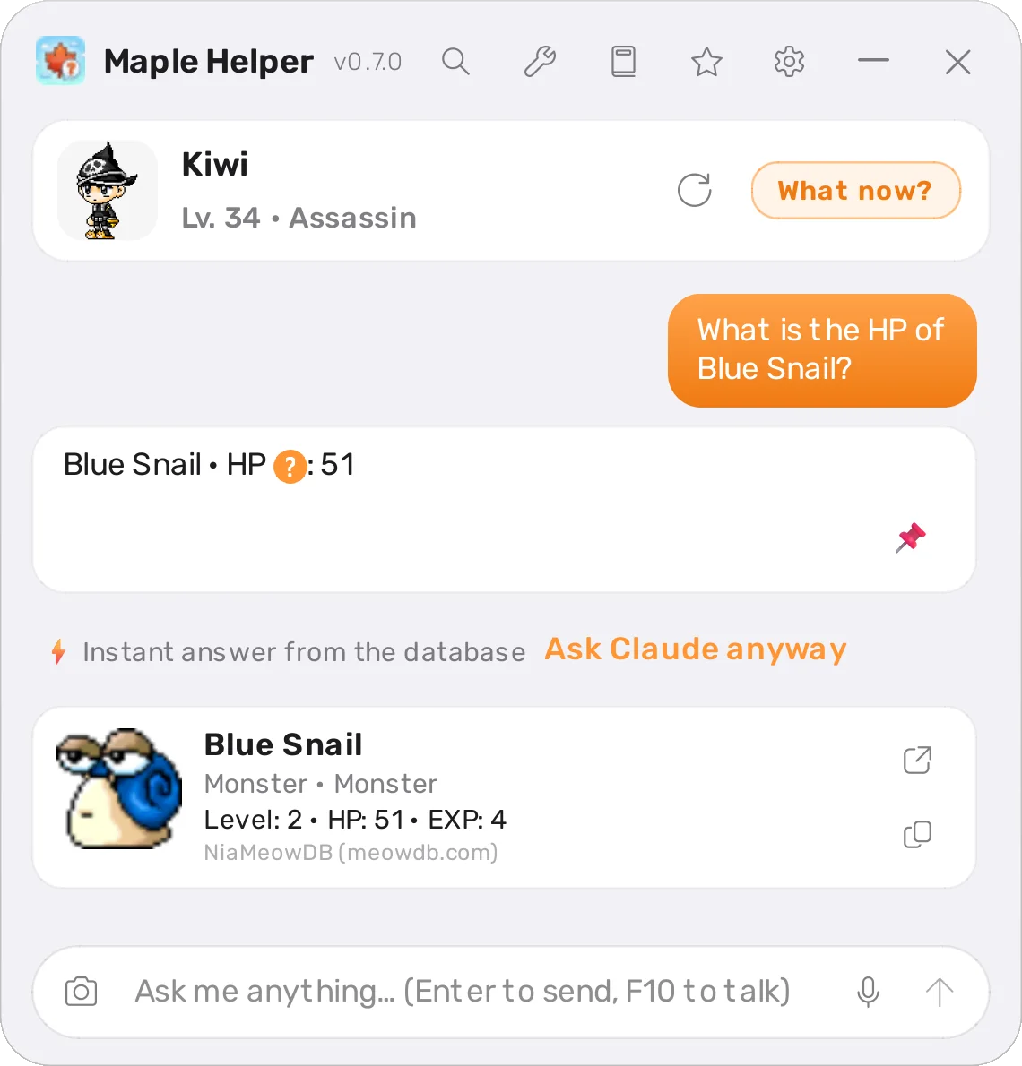 The question 'What is the HP of Blue Snail?' and the instant answer Blue Snail HP: 51, with a card for the monster