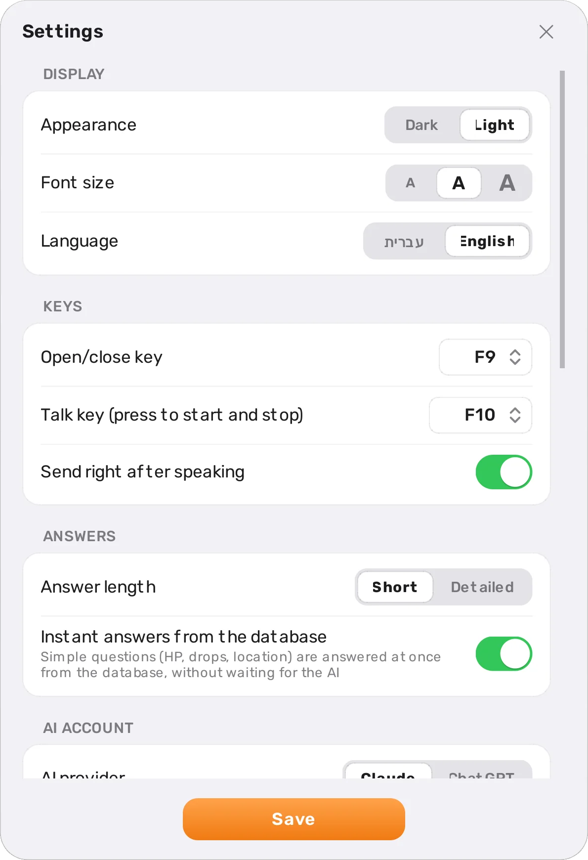 The settings window: light or dark appearance, font size, English or Hebrew, the F9 open/close key and the F10 talk key