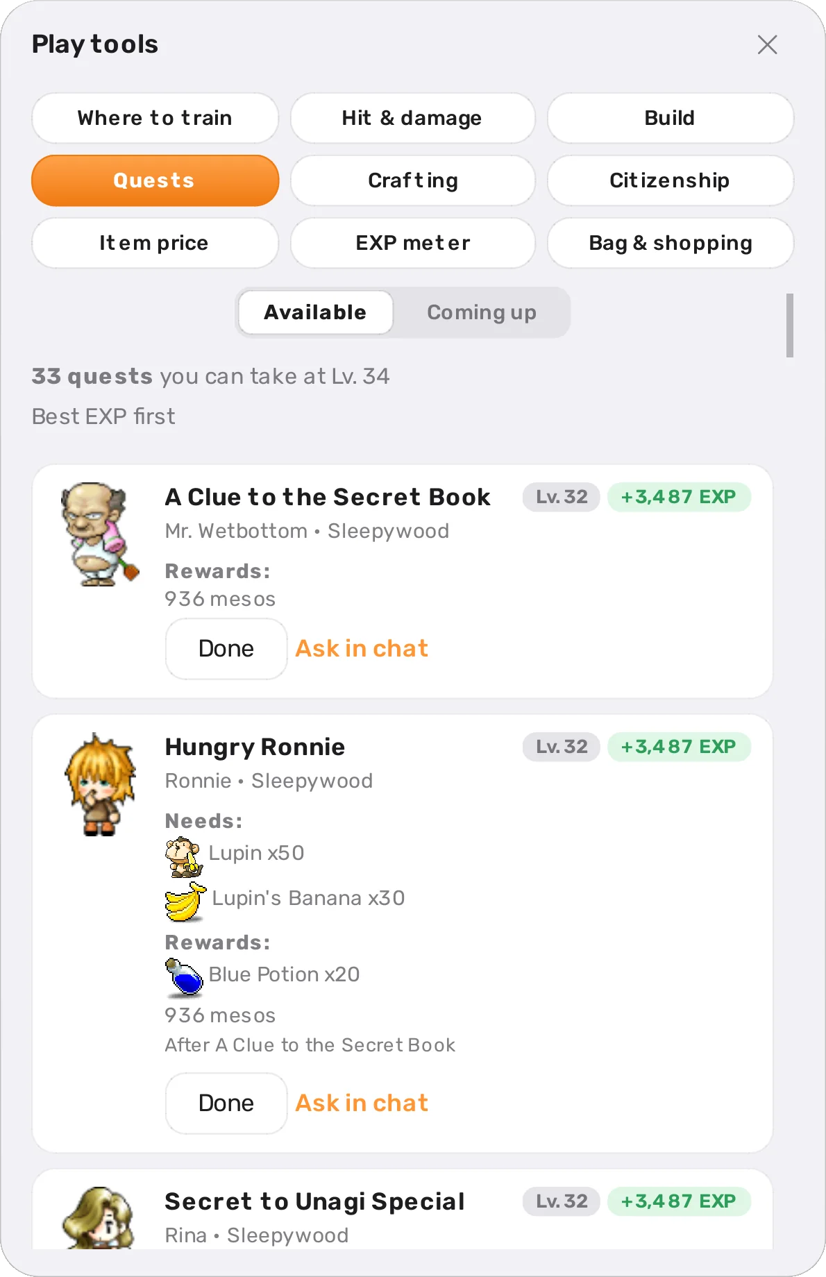 Quests for Lv. 34 with pictures of the NPC, the items and the rewards