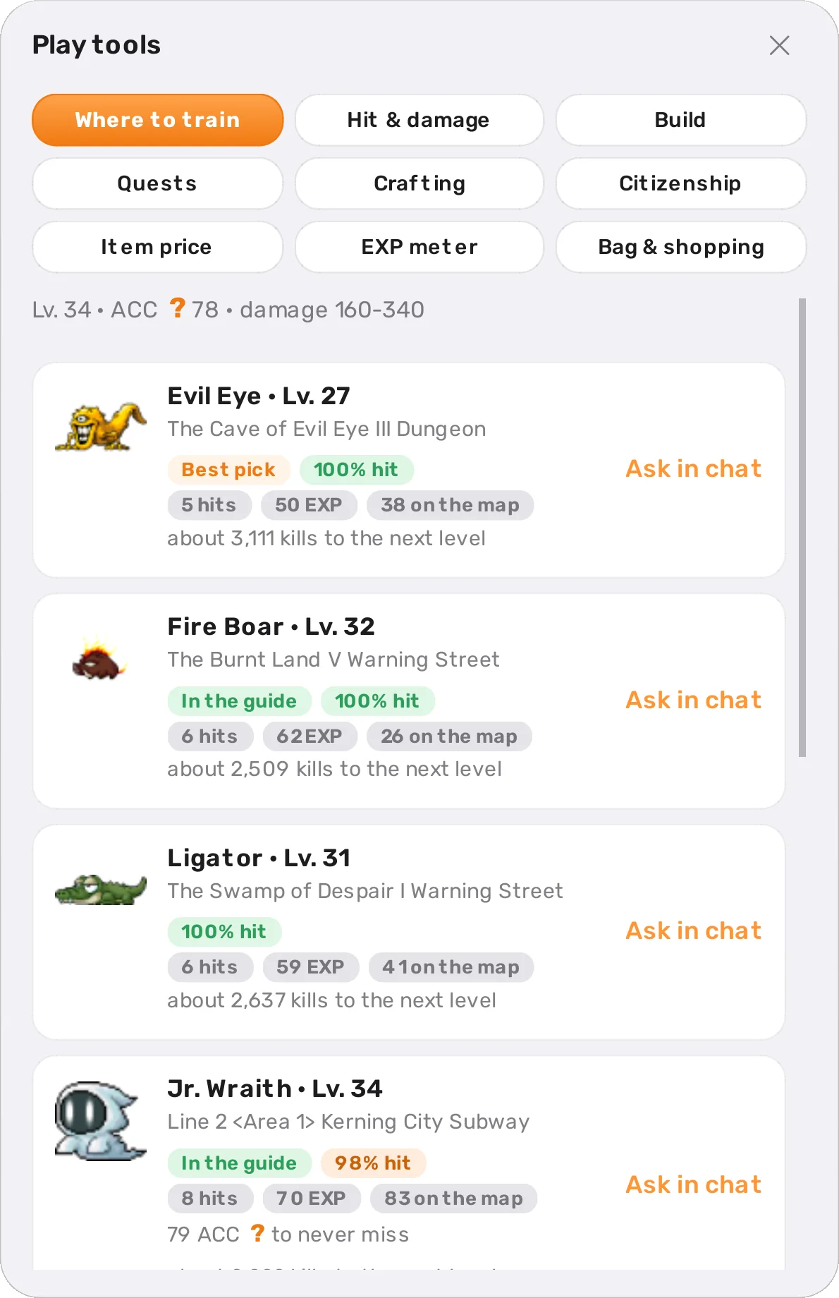 Play tools, where to train: maps for Lv. 34 with hit chance, hits to kill and EXP