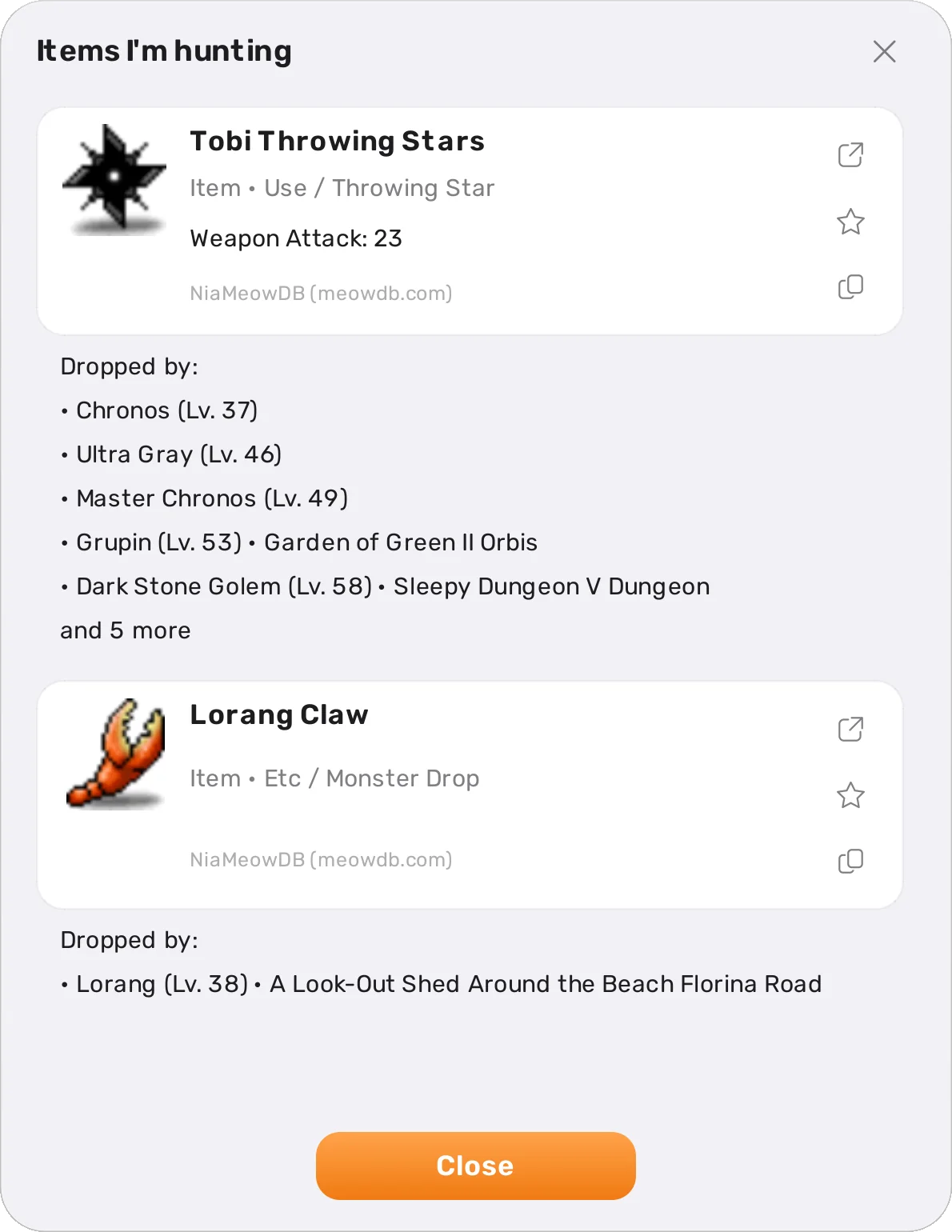 The 'Items I'm hunting' list with Tobi Throwing Stars and Lorang Claw, each followed by the monsters that drop it and their levels